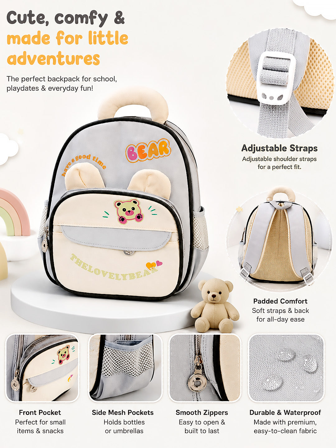 The Lovely Bear Kids Backpack – Blue & Cream Bear-Ear Toddler School Bag