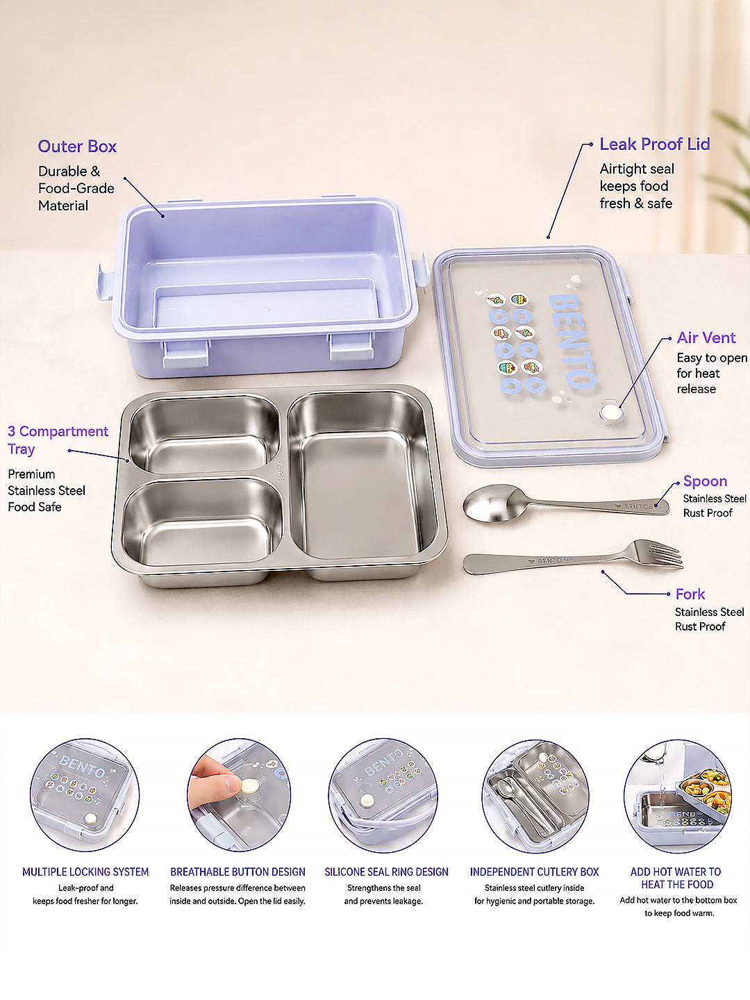 3-Compartment Kids Stainless Steel Lunch Box | Leak-Proof | Fork & Spoon Included