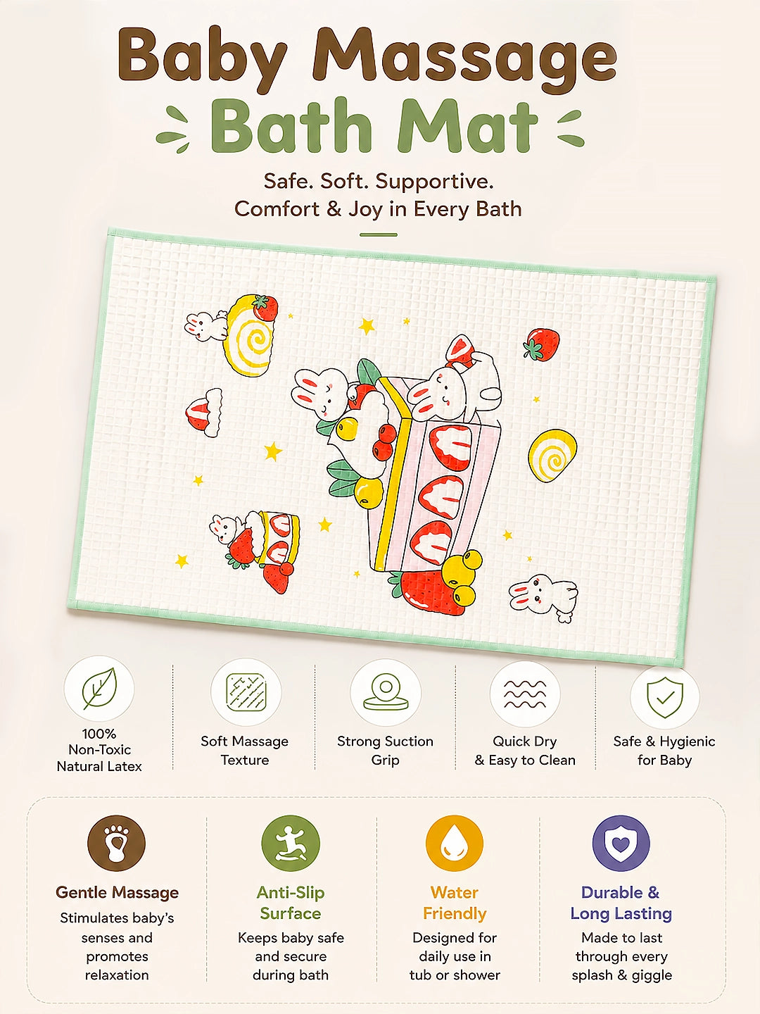 Baby Massage & Play Mat | Strawberry Bunny Print | Green | Waterproof Natural Latex