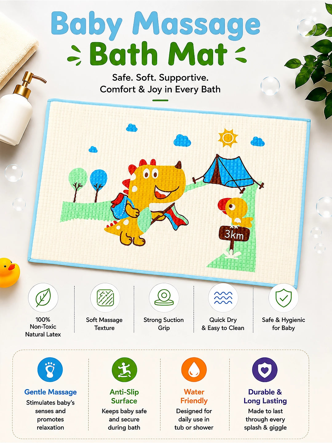 Baby Massage & Play Mat | Dino Camping  Print | Waterproof Natural Latex