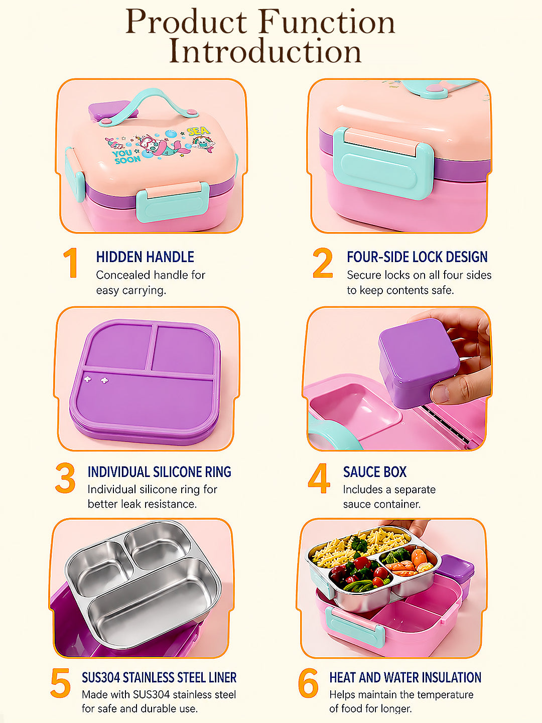 Mermaid Unicorn 2-Tier Kids Lunch Box | SUS304 Stainless Steel | Leak-Proof | Spoon & Sauce Box Included