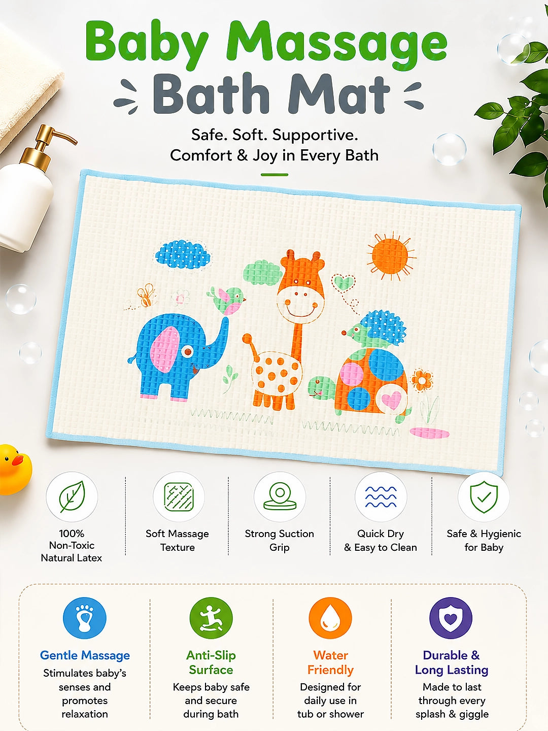 Baby Massage & Play Mat | Safari Friends Print | Waterproof Natural Latex