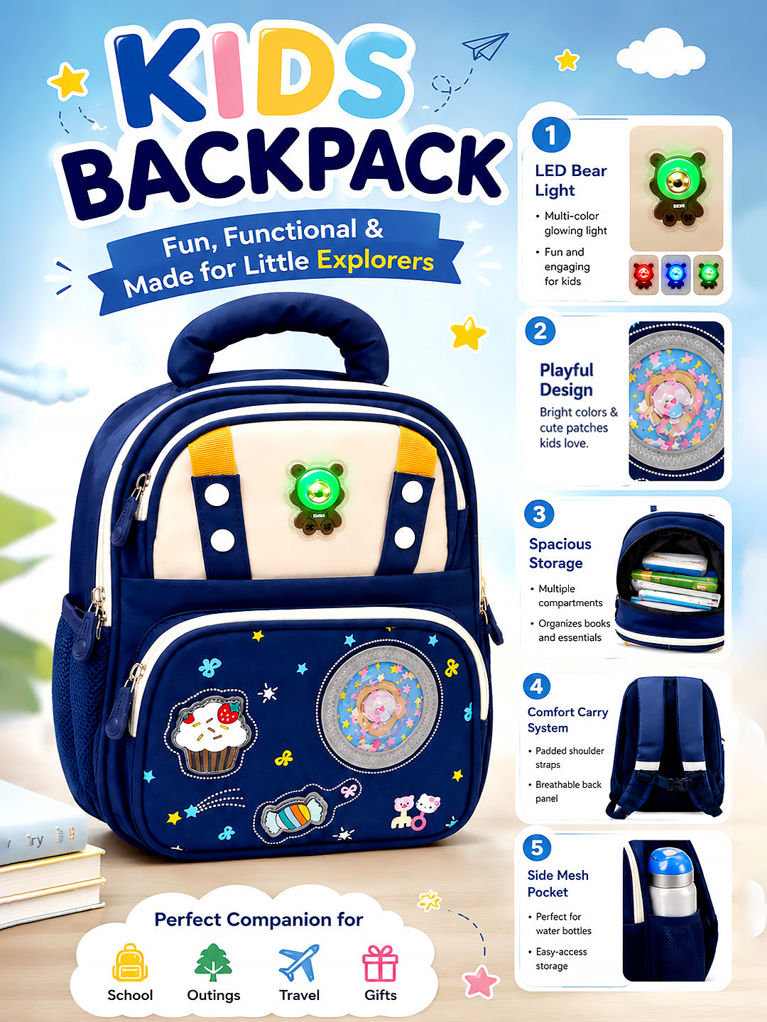 Navy Blue Kids Backpack with LED Bear Light & Candy Patch Design for Boys & Girls