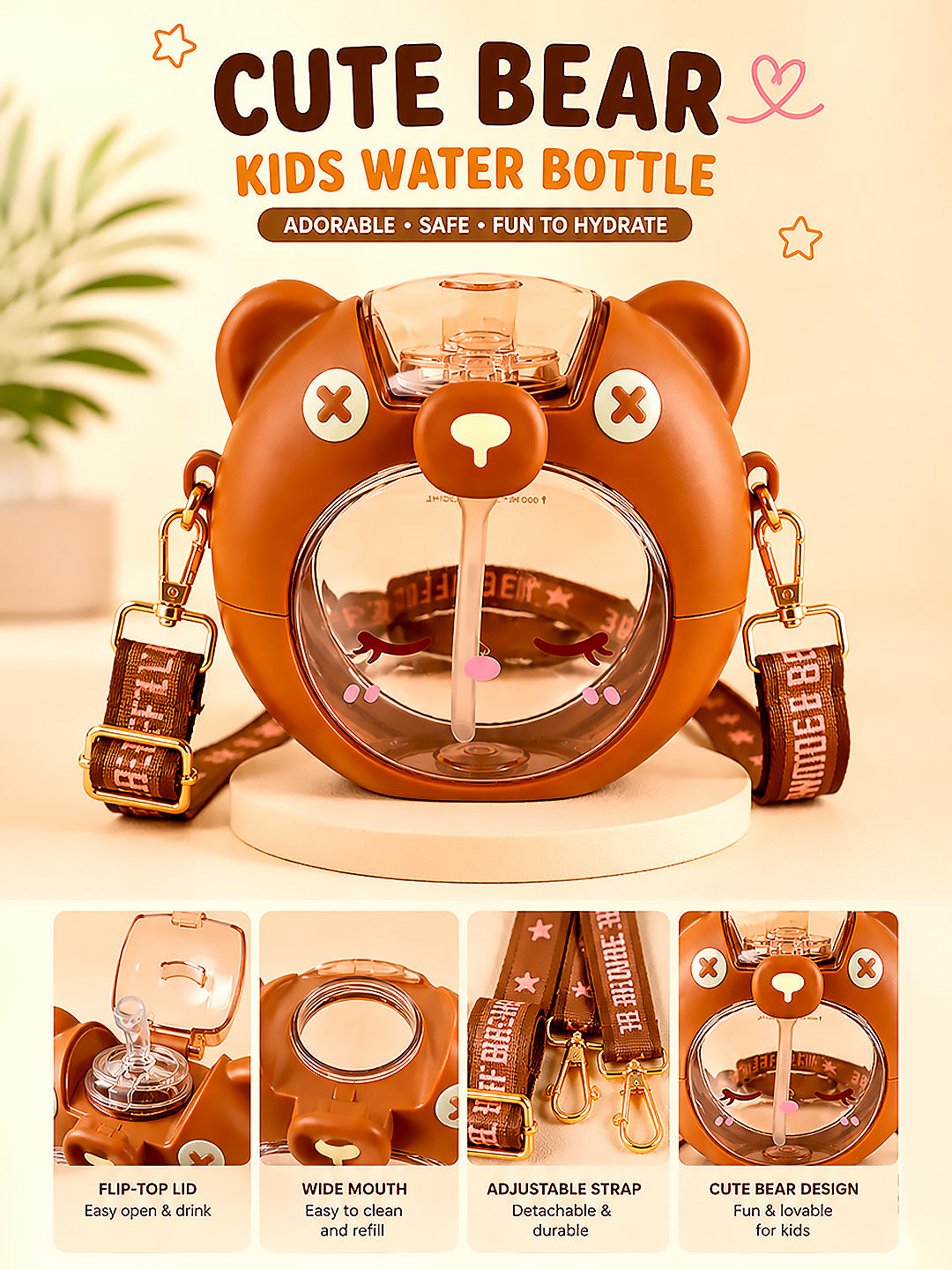 3D Bear Kids Water Bottle — 630ml | Flip Lid, Straw & Crossbody Strap