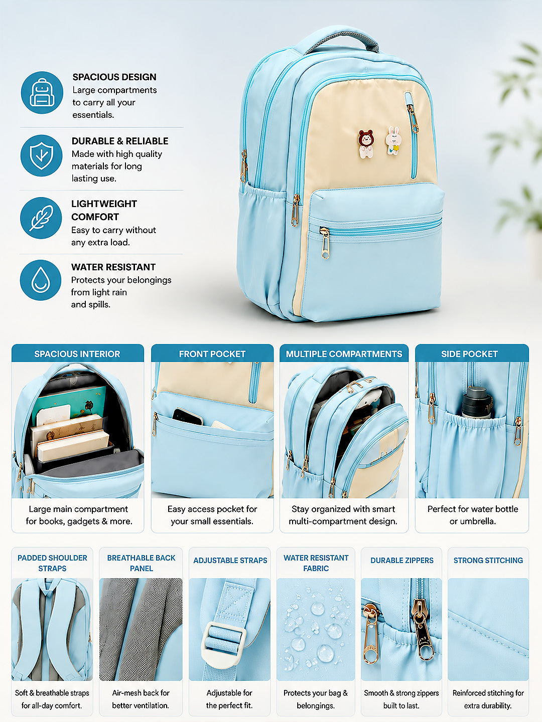 Kids Bear & Bunny School Backpack – Light Blue