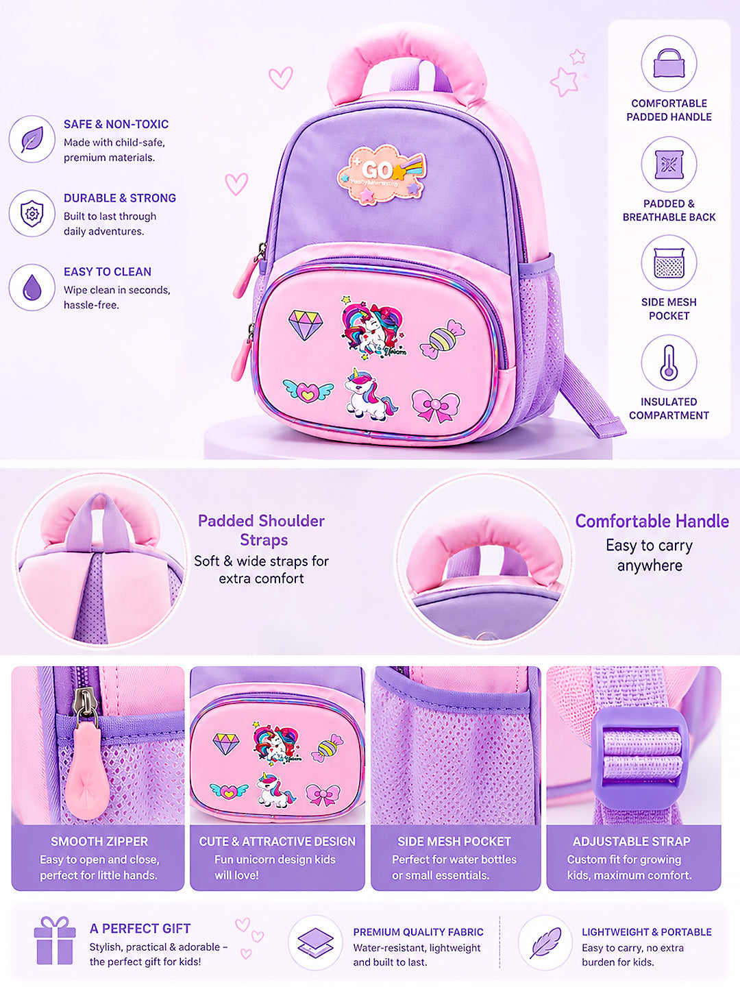Unicorn Kids Backpack for Girls – Pink & Purple School Bag for Toddlers & Kids