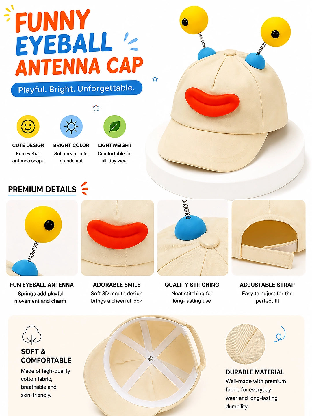 Beige 3D Alien Monster Baby Cap | Wobbly Eyeball Antennas & Adjustable Strap | 2–6 Years