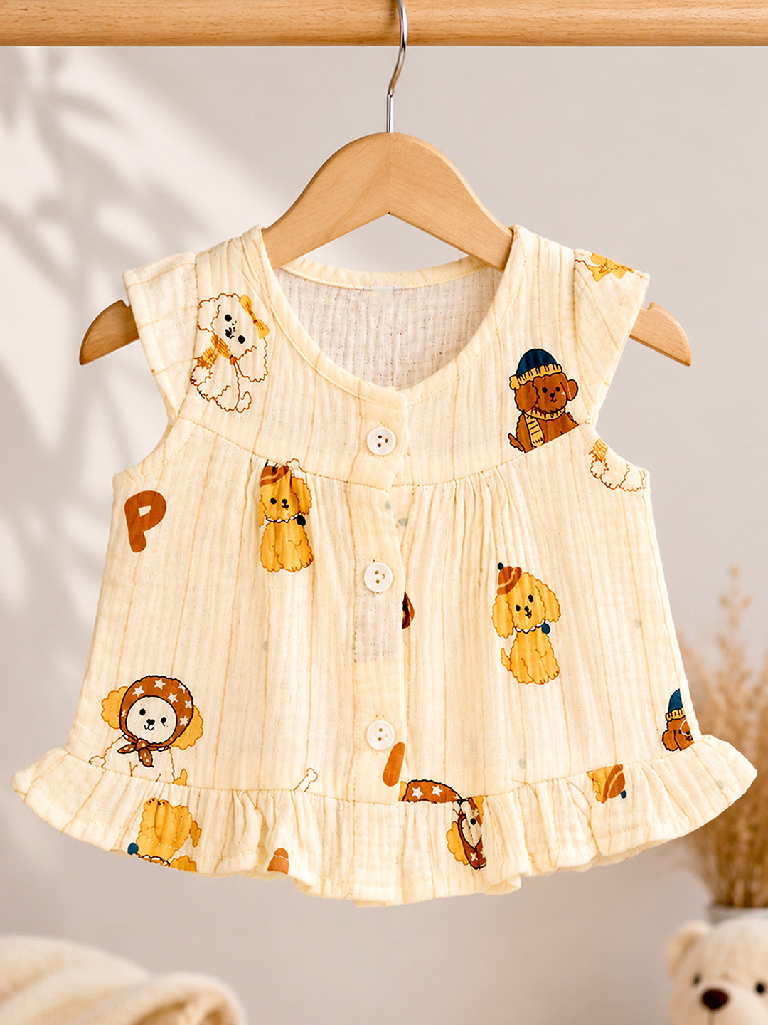Puppy Print Baby Girl Muslin Frock | Sleeveless Flutter Sleeve Dress with Ruffle Hem | Button Placket