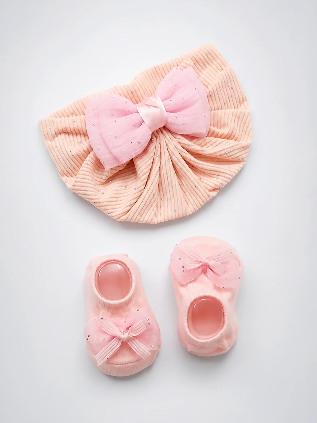 Pink 3D Bow Baby Turban Cap & Booties Gift Set | Soft & Sparkly | Baby Girls