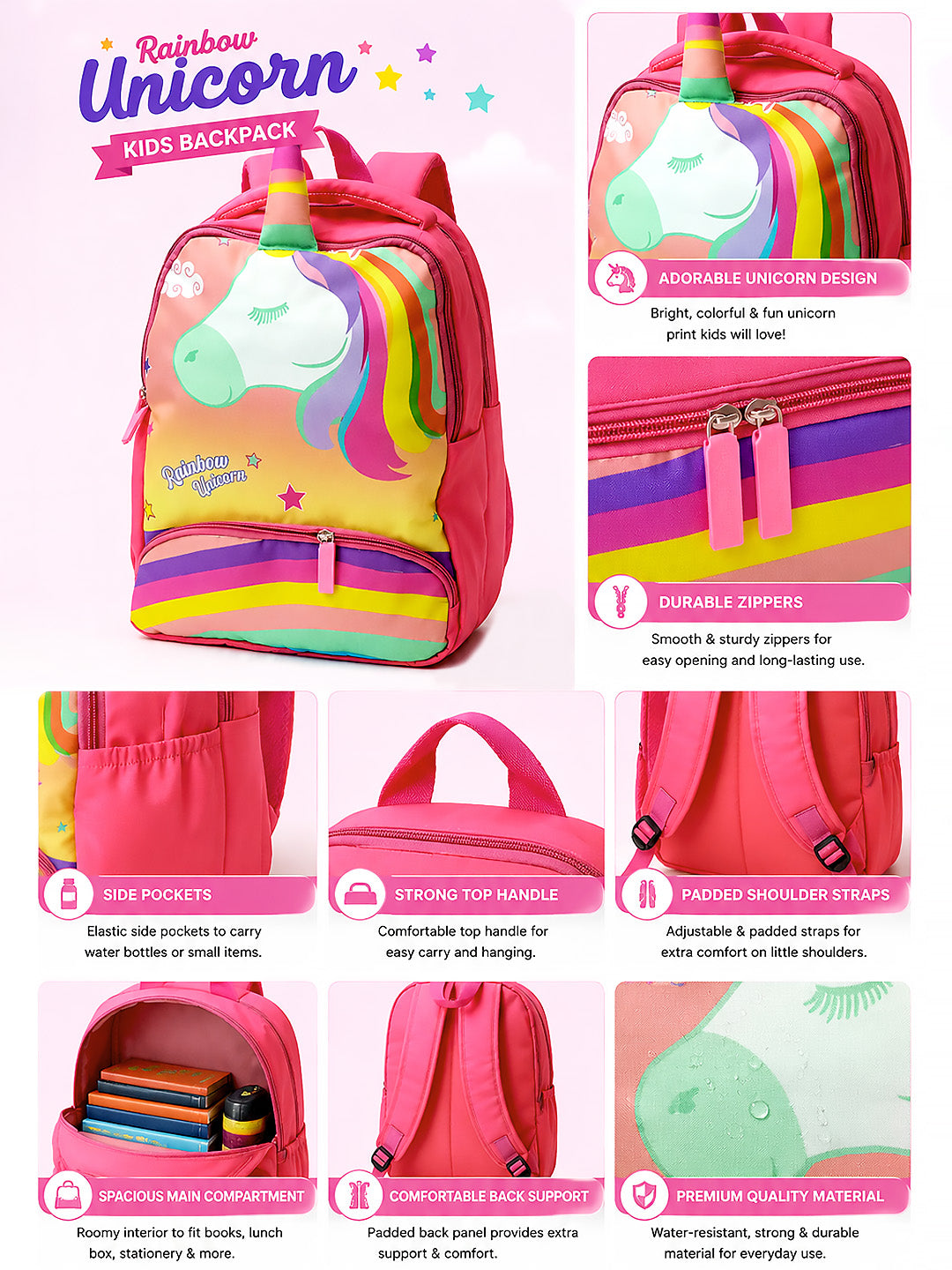 Rainbow Unicorn Kids Backpack – Pink School Bag for Girls