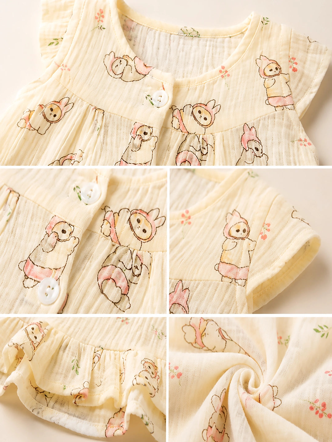 Bunny Bear Baby Frock | Muslin Cotton | Sleeveless Ruffle Hem Dress | 0–6 Months