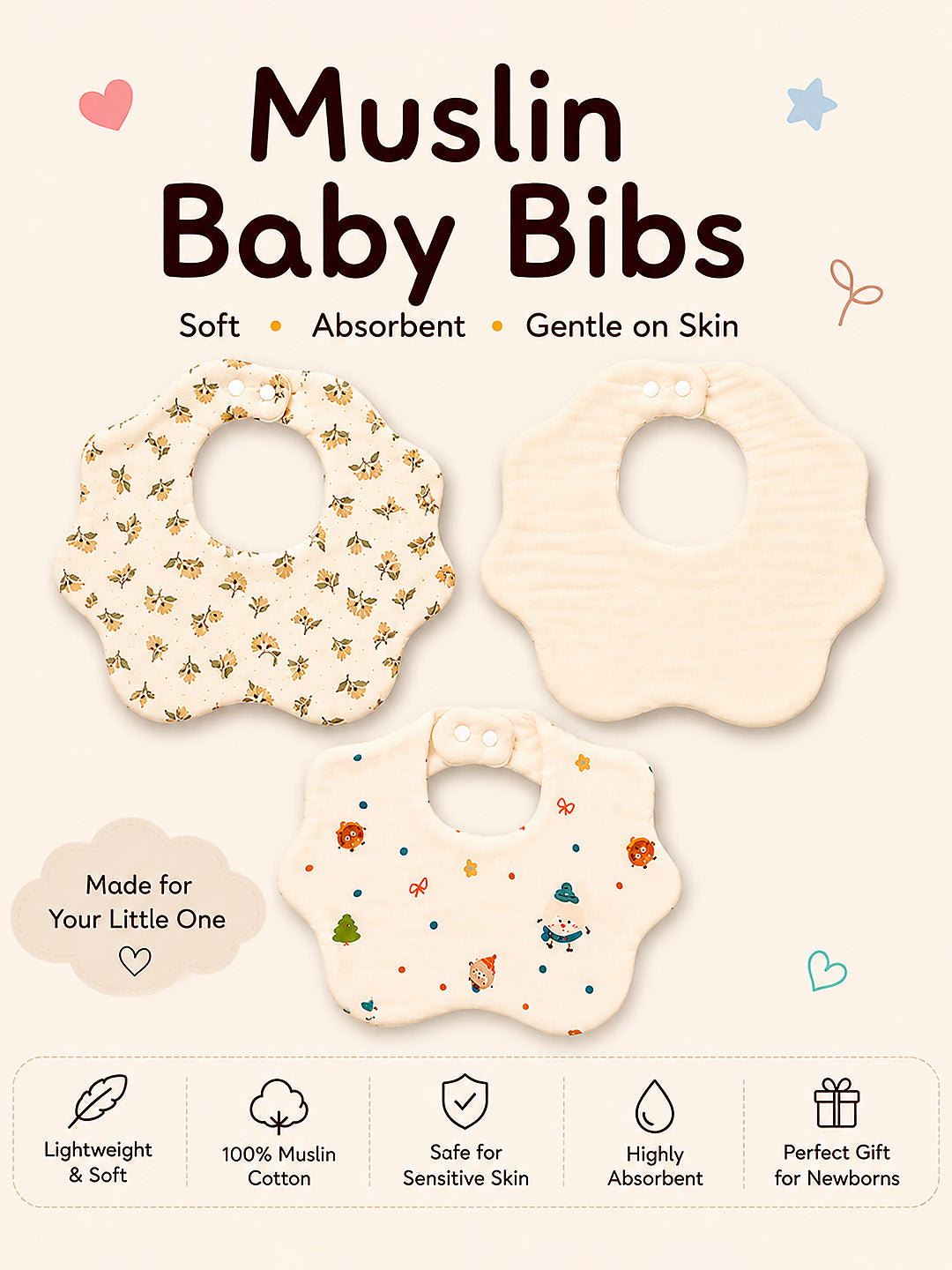 Floral & Friends Print 3-Piece Muslin Cotton Baby Bibs | Snap Closure | Drool & Burp Bib