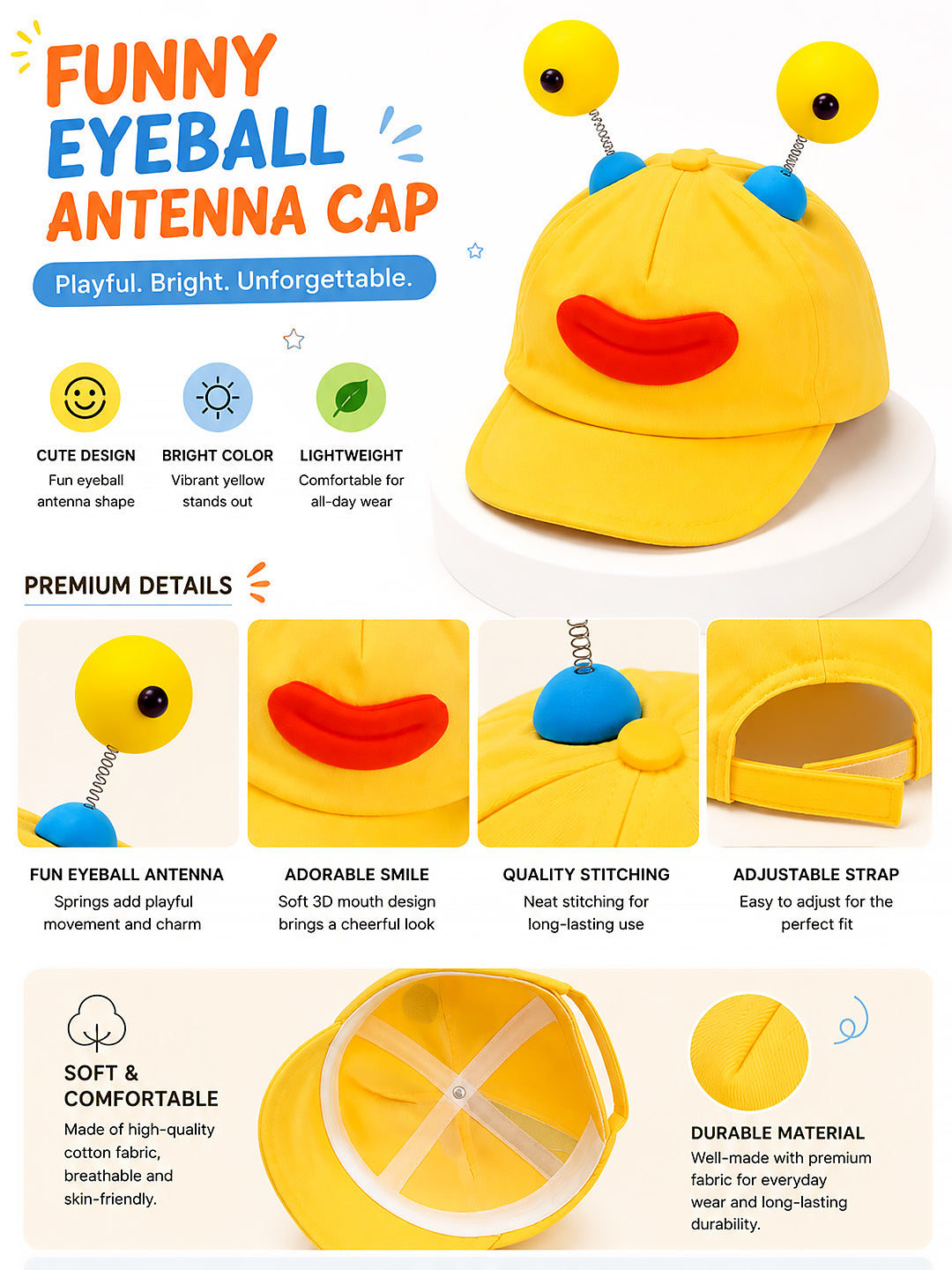 Yellow 3D Eyeball Antenna Kids Cap | Adjustable Fit | Toddlers & Kids 2–6 Years