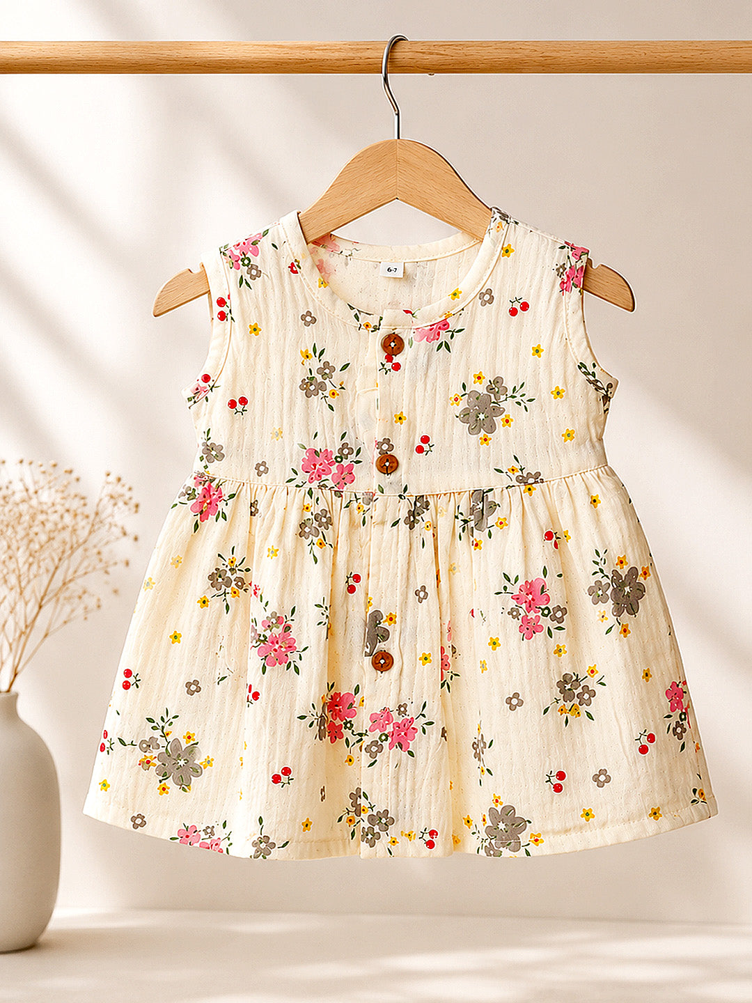 Floral Ditsy Baby Girls Muslin Frock | Sleeveless A-Line Dress | Wooden Buttons | 0–12 Months