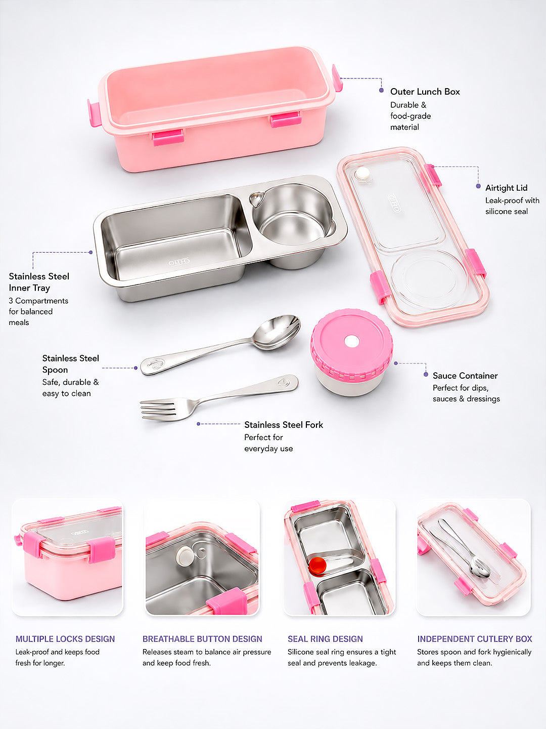 Pink 2-Compartment Stainless Steel Kids Lunch Box | Leak-Proof | Fork, Spoon & Sauce Container Included