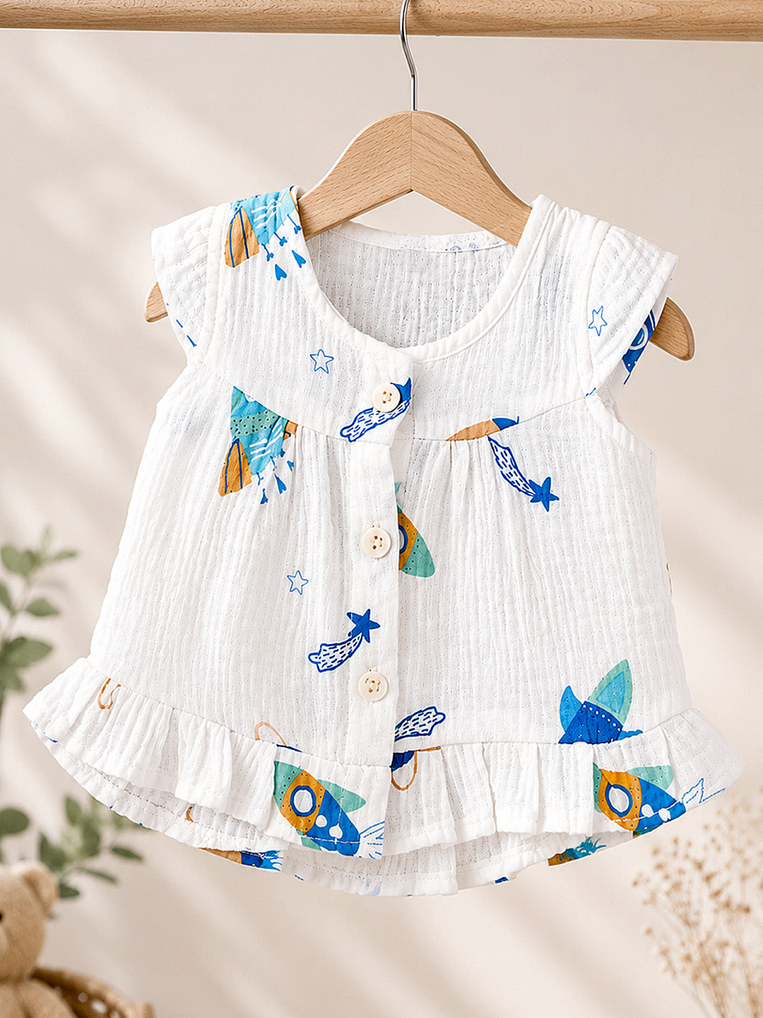 Space Rocket Baby Girl Muslin Frock | Flutter Sleeve | Ruffle Hem | 0–6 Months