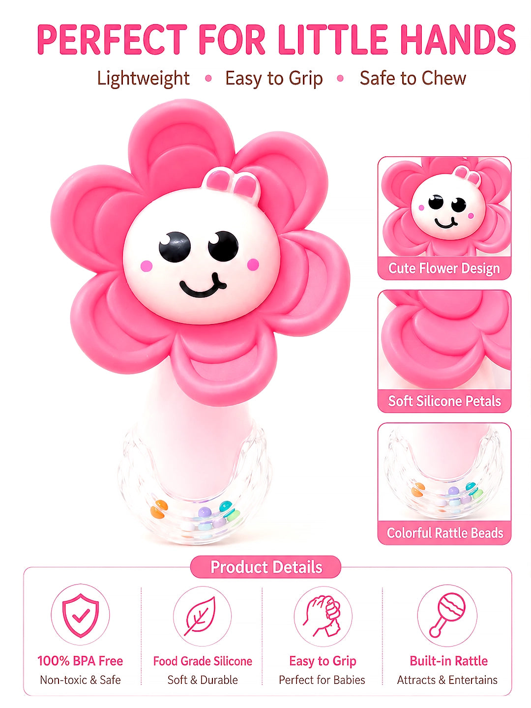 Pink Flower Silicone Baby Teether with Rattle | 2-in-1 Sensory Rattle Teether | 0M+