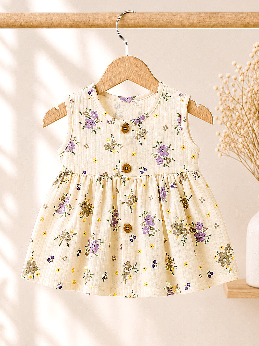 Floral Muslin Cotton Frock for Baby Girls | Sleeveless A-Line Dress | Wooden Buttons | 0–12 Months