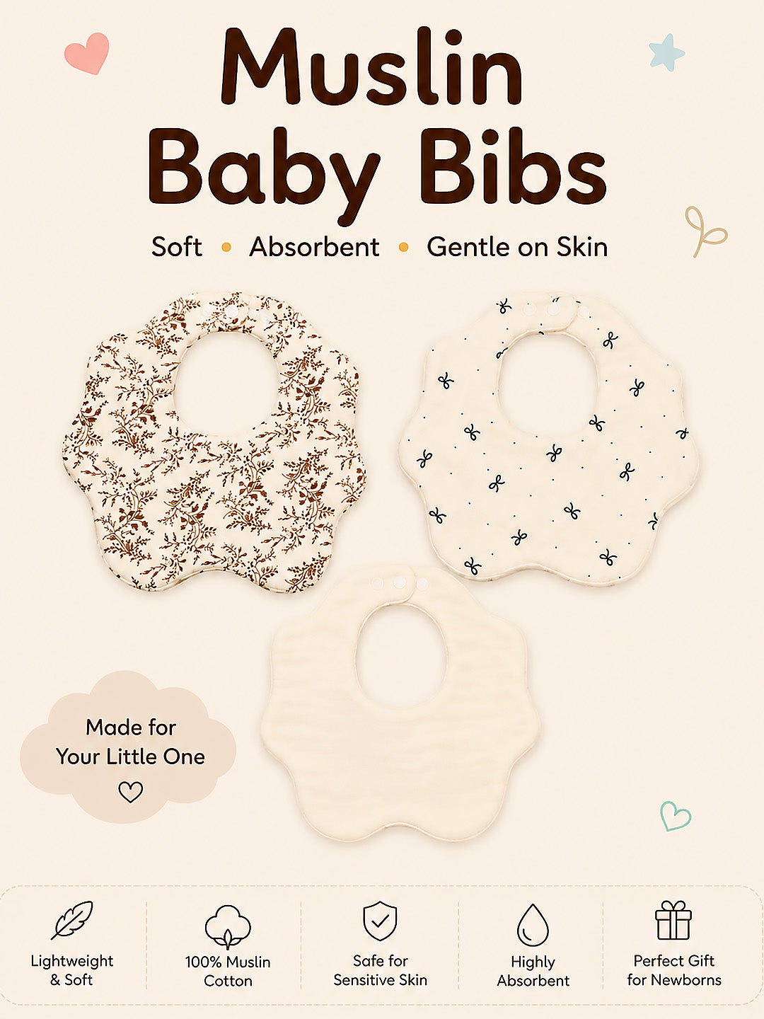 Floral, Bow & Confetti Dots 3-Piece Muslin Cotton Baby Bibs | Snap Closure | Drool & Burp Bib