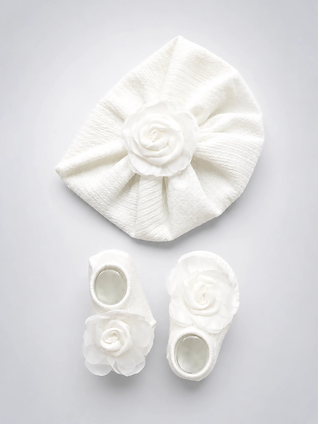 White Floral Turban Cap & Booties Set | Baby Girl Gift Set | 0–12 Months