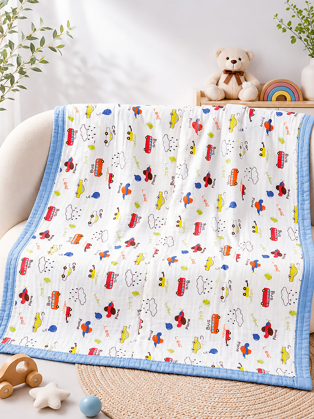 Little Vehicles 6-Layer Muslin Cotton Baby Blanket | All-Season | Blue Border | 110×110 cm