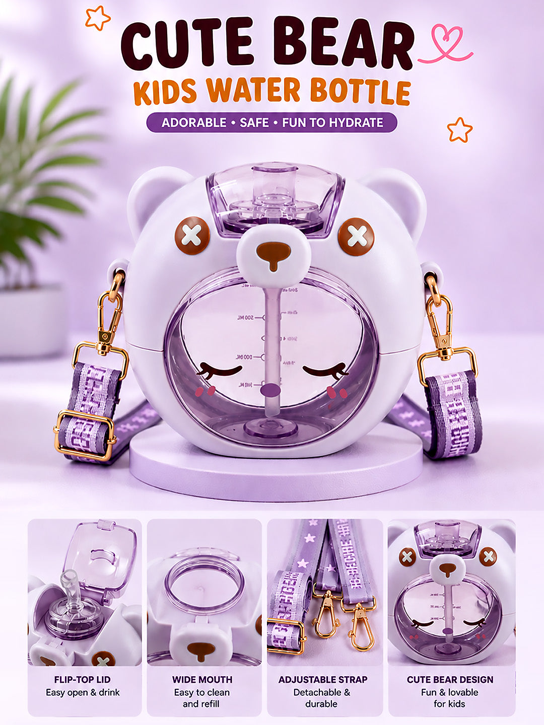 Cute Bear Kids Water Bottle — 630ml | Flip Lid, Straw & Crossbody Strap