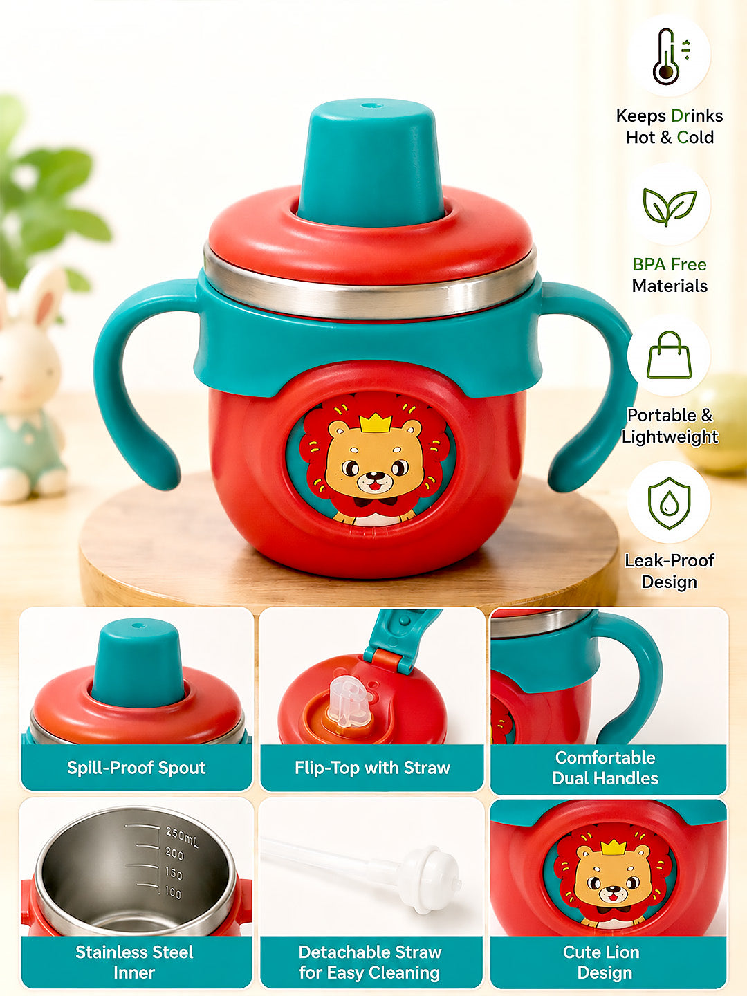Lion King Stainless Steel Sipper Bottle for Babies & Toddlers — 250ml | Spill-Proof Spout & Flip-Top Straw with Dual Handles