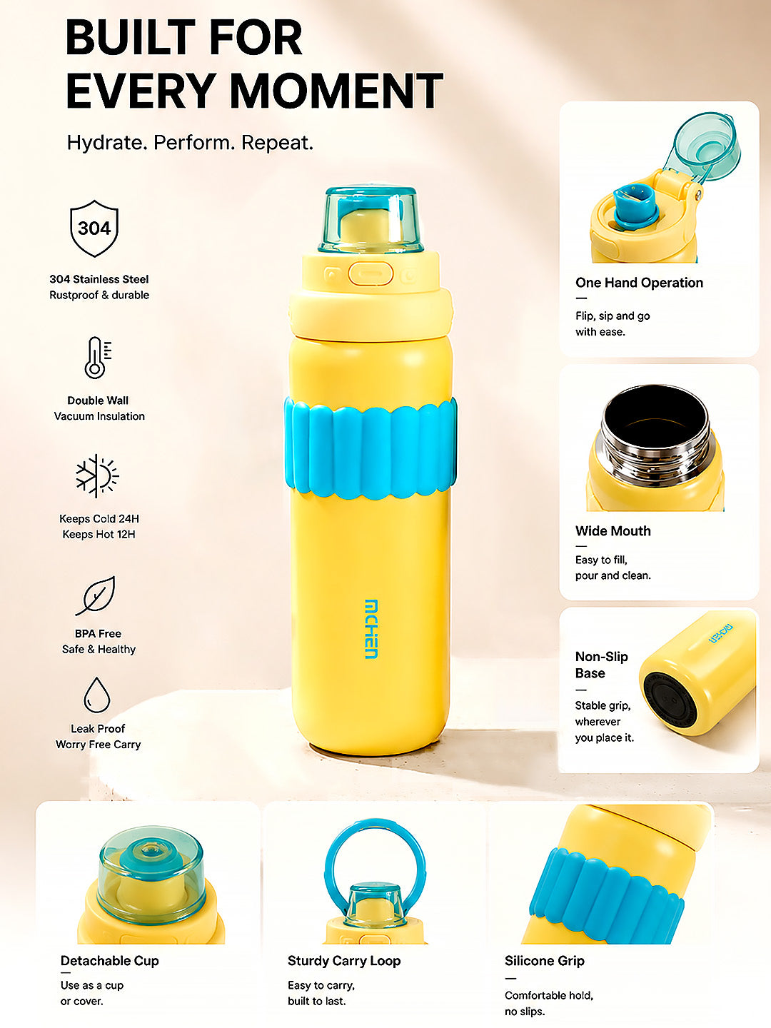 Yellow Stainless Steel Water Bottle | Flip Lid, Straw & Carry Loop