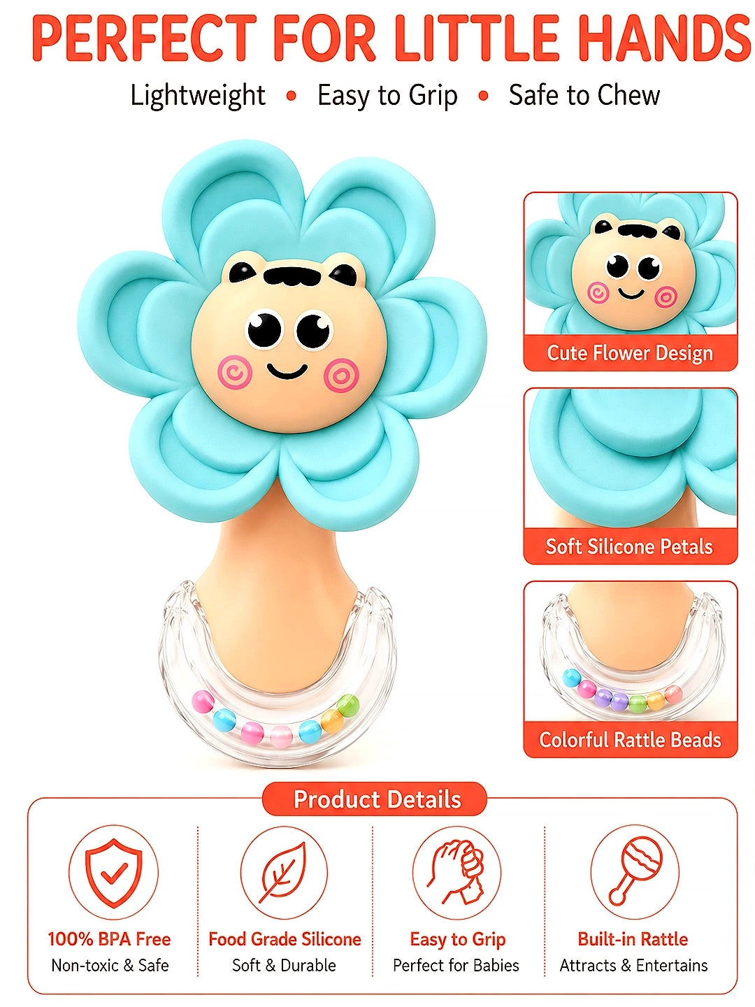 Blue Flower 2-in-1 Baby Silicone Teether & Rattle | Soothes Gums | 0M+