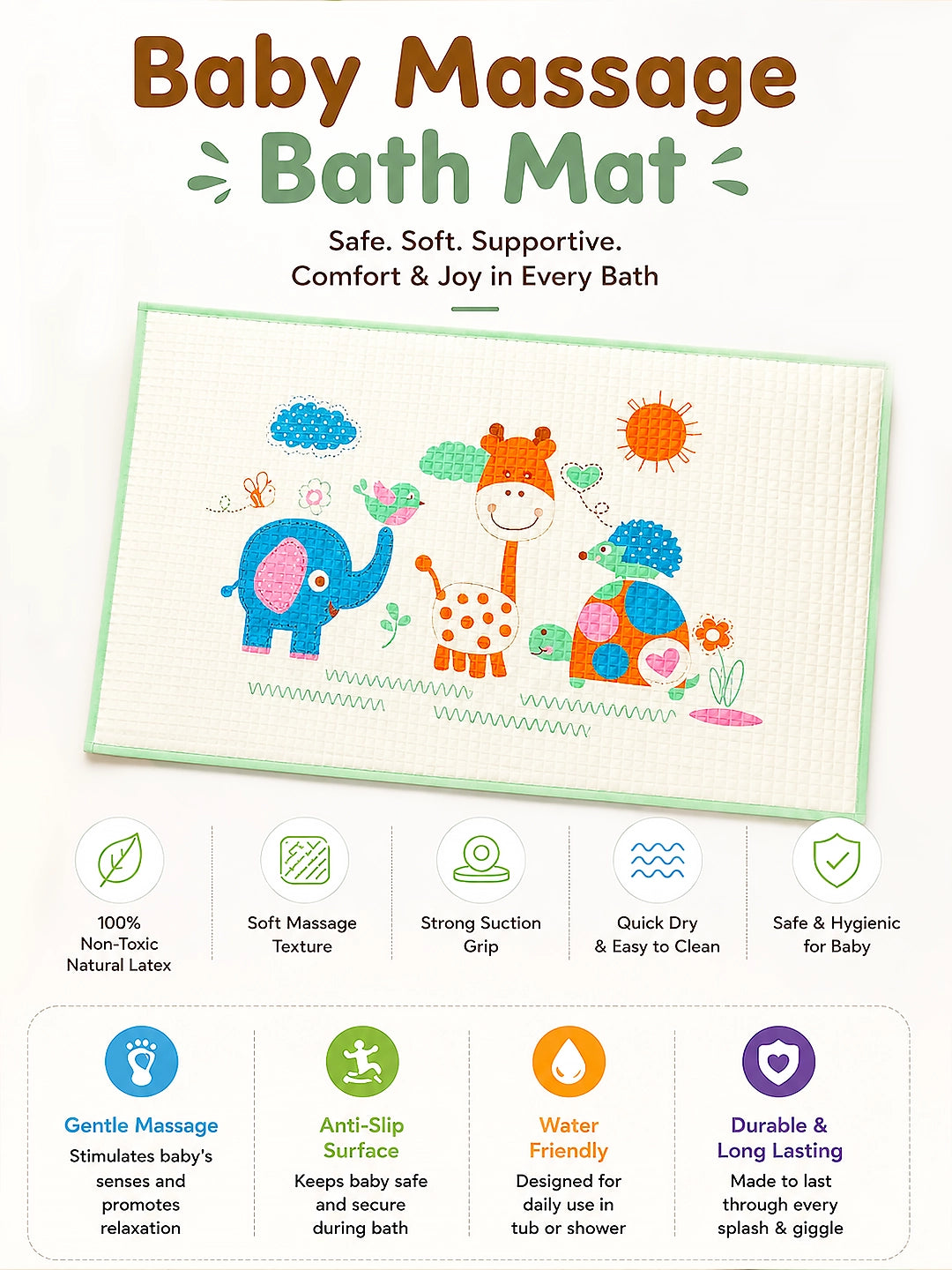 Baby Massage & Play Mat | Safari Friends Natural Print | Waterproof Natural Latex