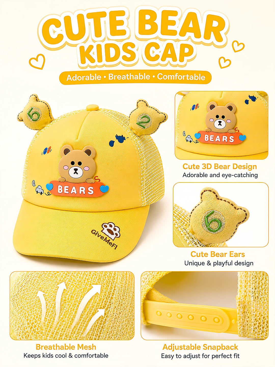 Yellow 3D Bear Kids Cap with Bear Ears | Adjustable Snapback | 2–6 Years