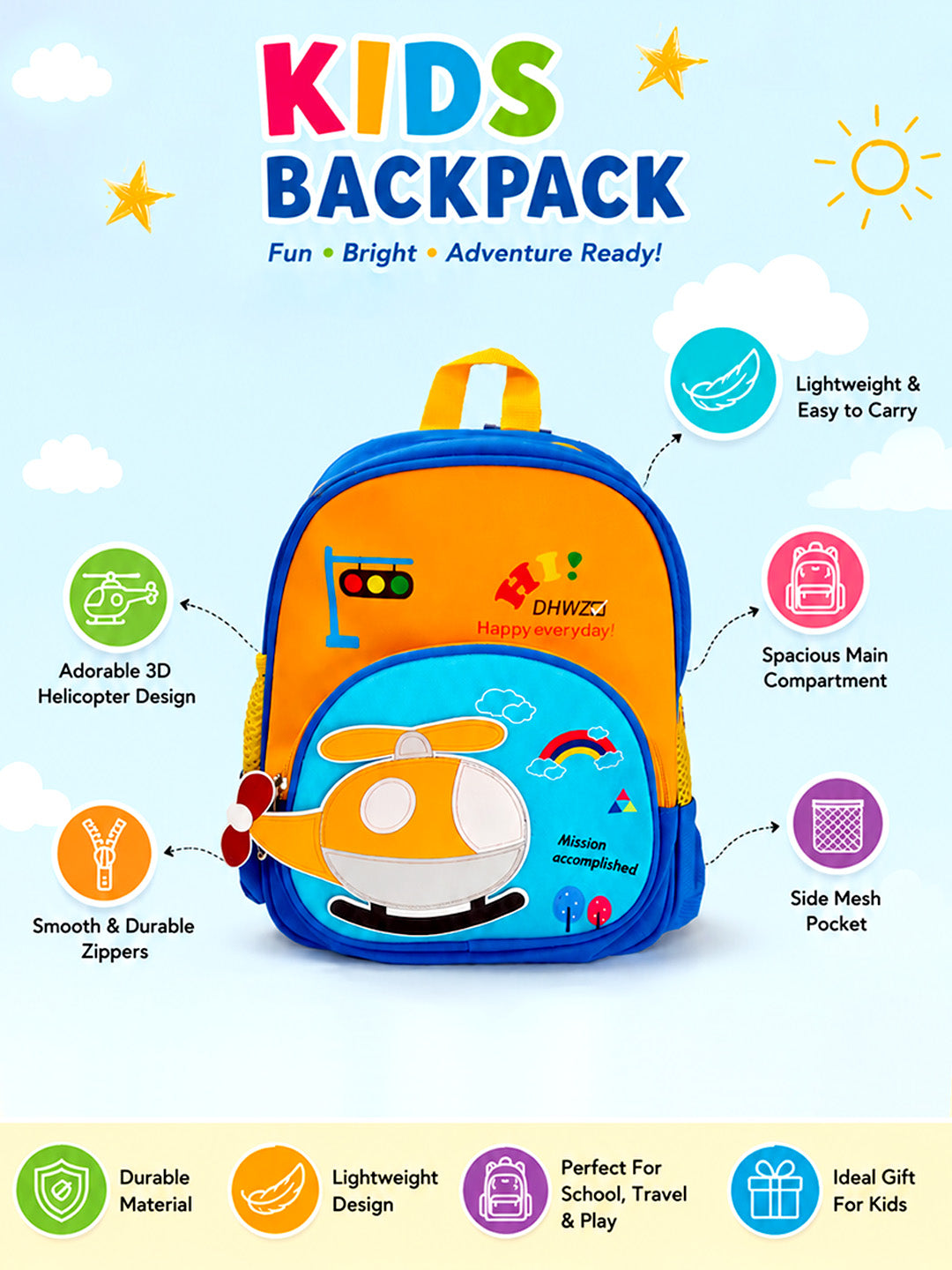 Kids Helicopter 3D Backpack – Blue & Orange School Bag for Toddlers & Kids