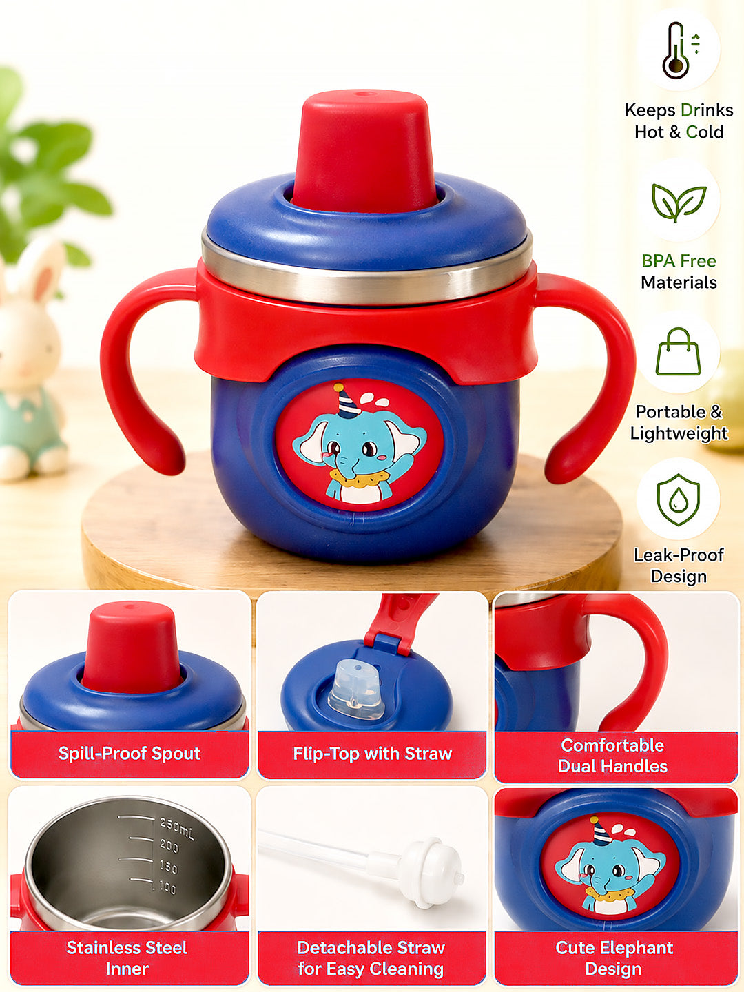 Elephant Stainless Steel Sipper Bottle for Babies & Toddlers — 250ml | Spill-Proof Spout, Flip Straw & Dual Handles