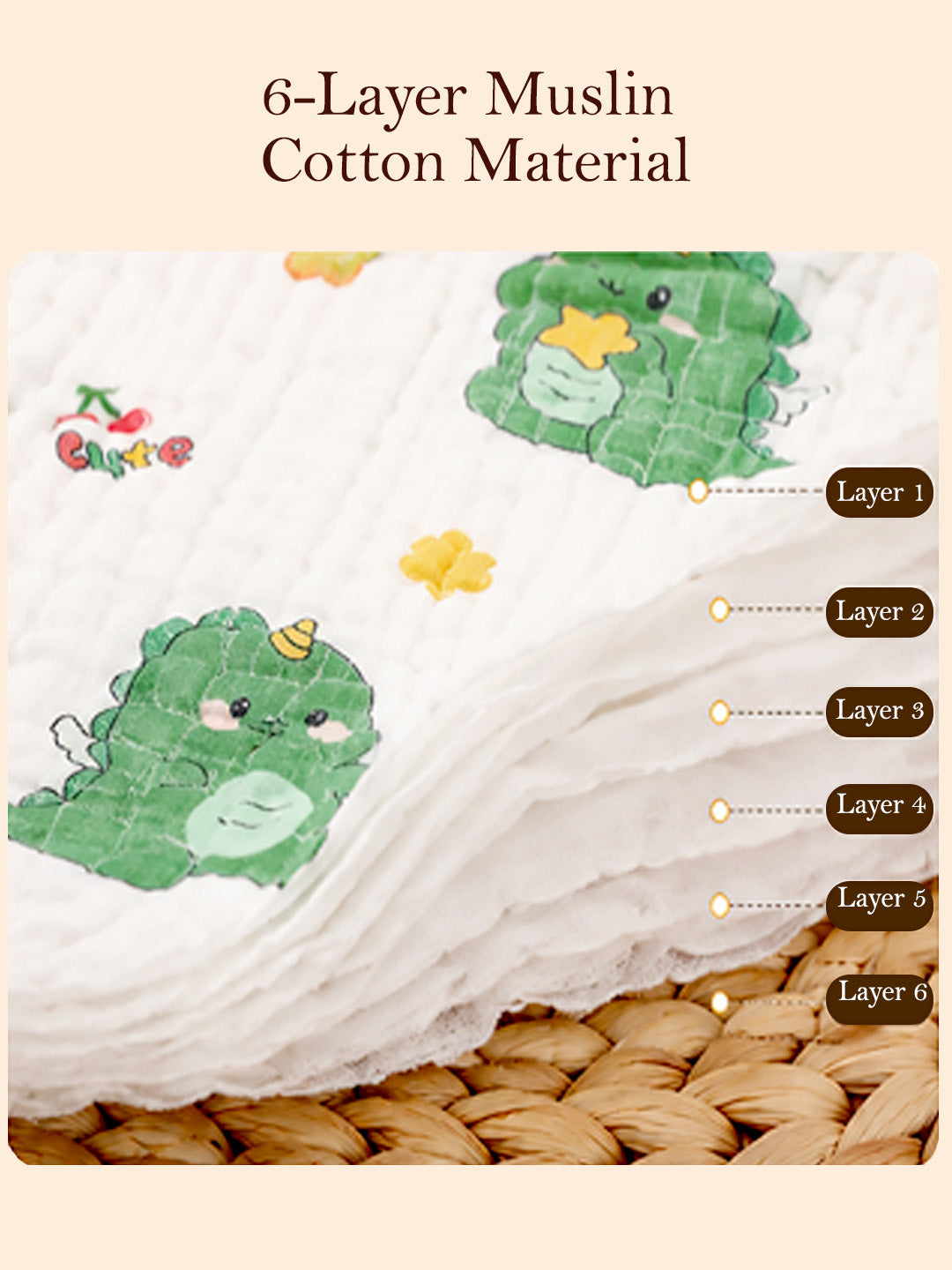 Dino, Pumpkin & Yummy Print 6-Layer Muslin Face Towel | Set of 3 | Pure Cotton | 0–3 Yrs