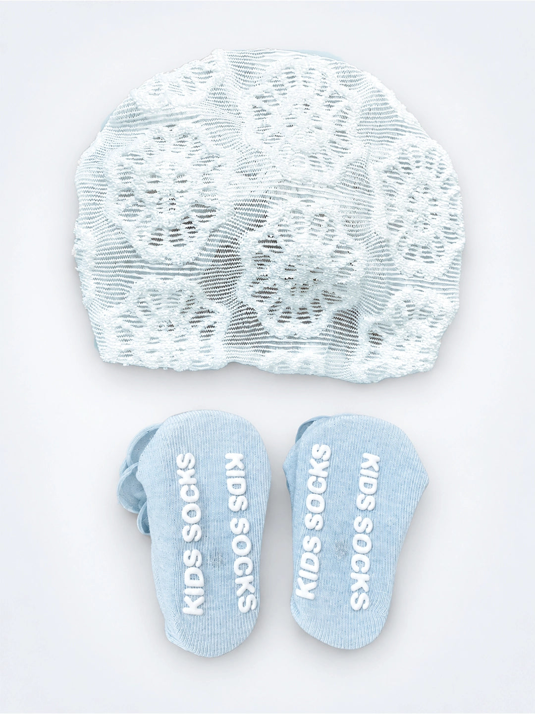 Blue 3D Rose Turban Cap & Pearl Flower Booties Set | Lace Knit | Baby Girls 0–12 Months