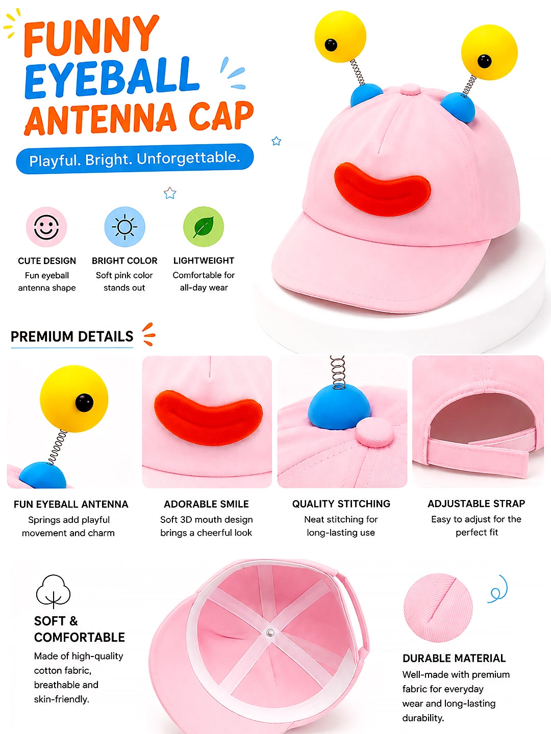 Pink 3D Funny Eyeball Antenna Kids Cap | Adjustable Fit | Toddlers & Kids 2–6 Years