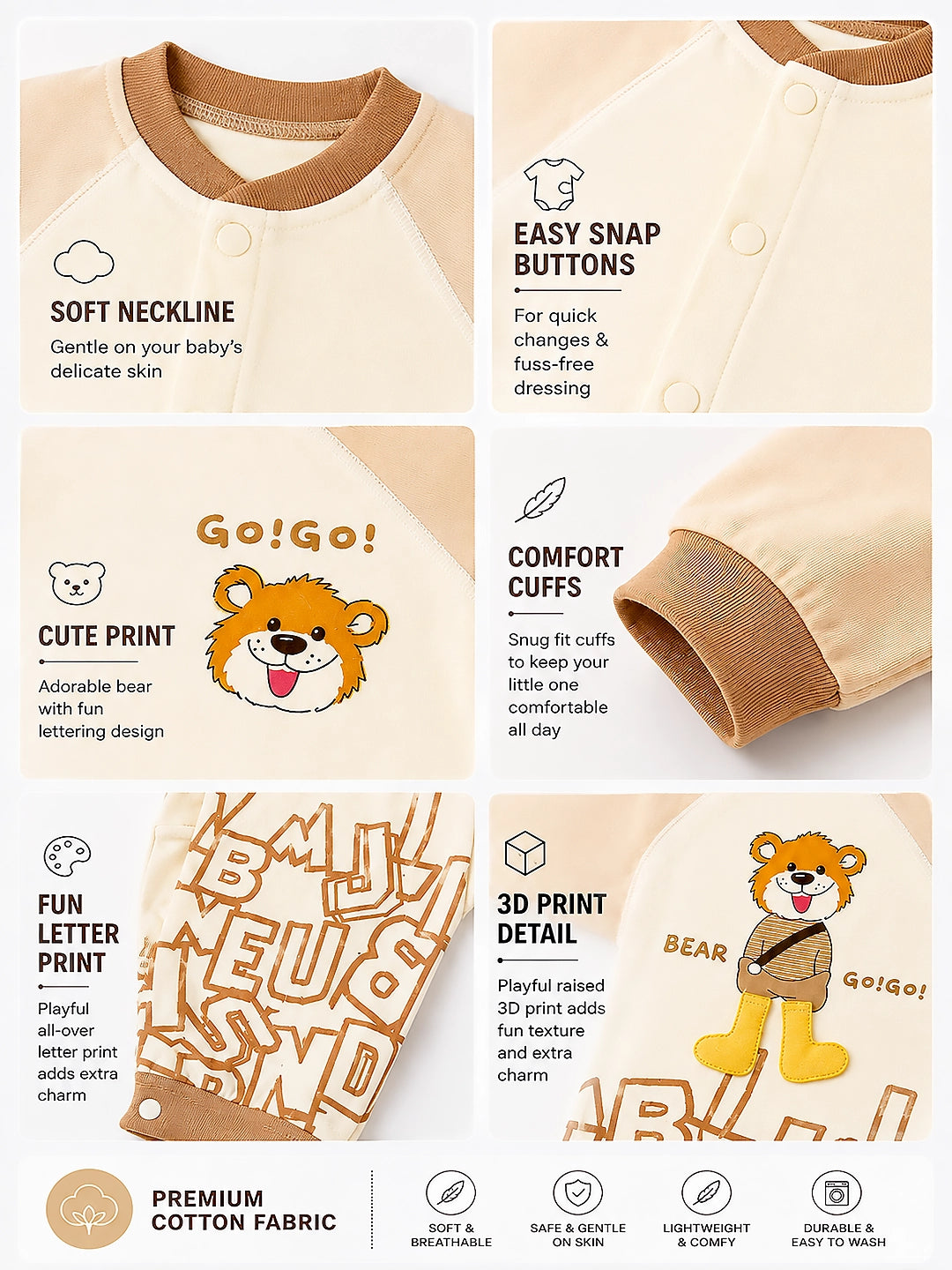 Beige Bear Baby Romper | Full Sleeve | Snap Button | Footless | Premium Cotton | 0–12 Months