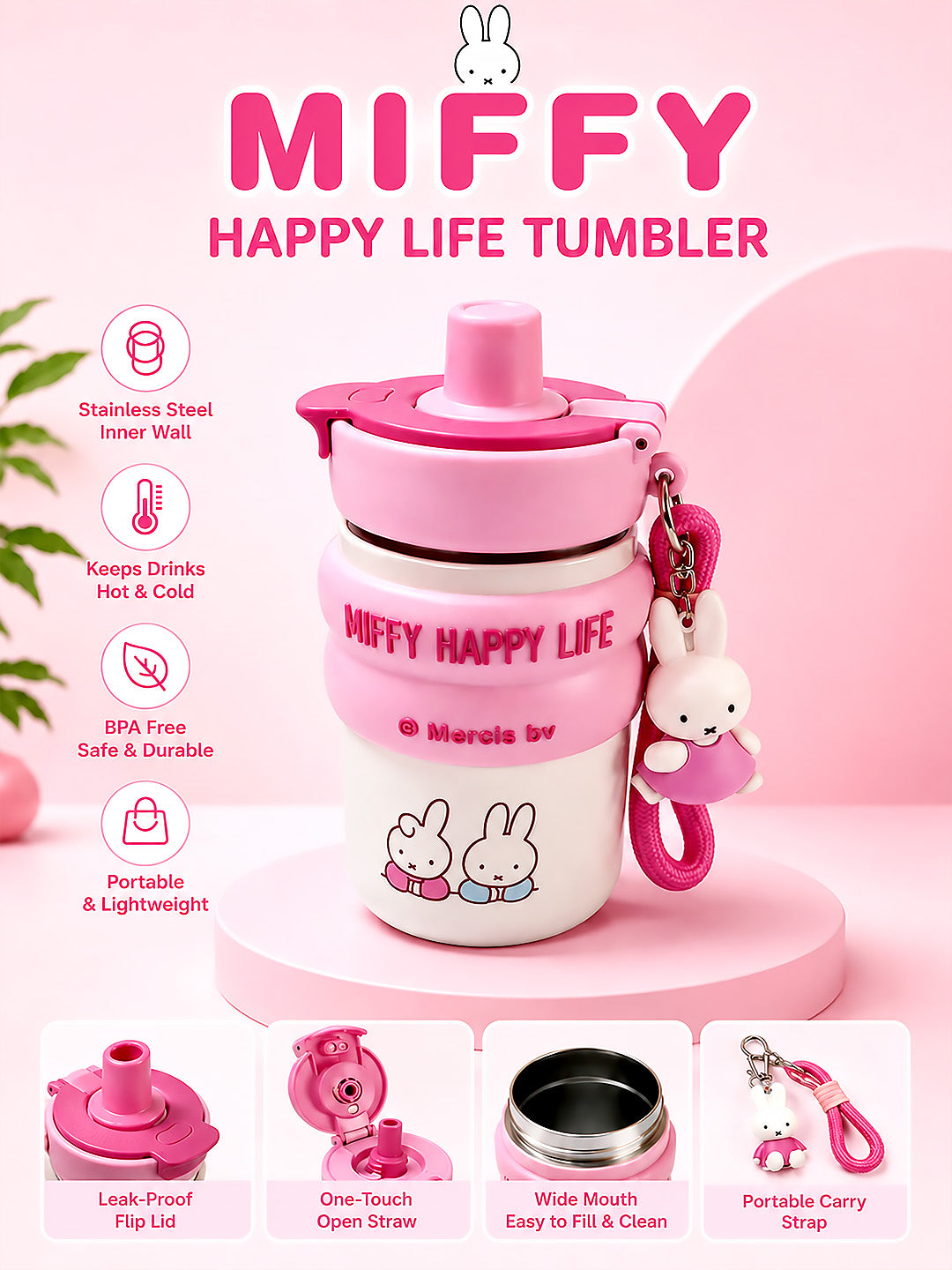 Miffy Happy Life Pink Kids Tumbler — 480ml | Dual Lid, Infuser & Miffy Charm