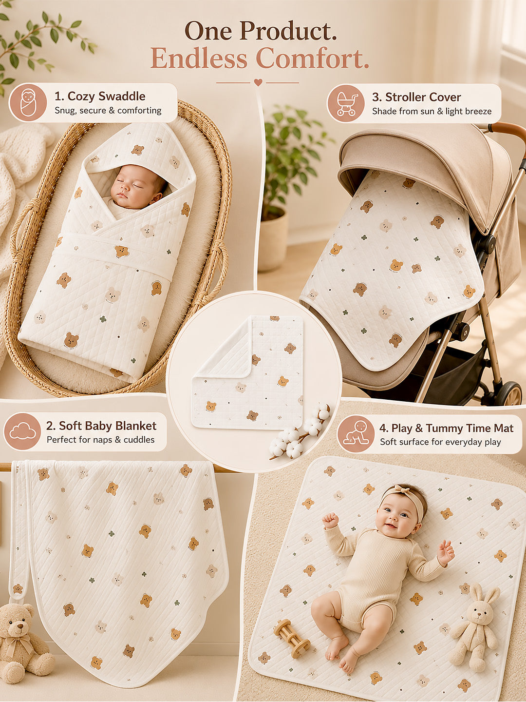 Bear's Dream 6-Layer Muslin Cotton Baby Swaddle Blanket | 4-in-1 | 85×85 cm