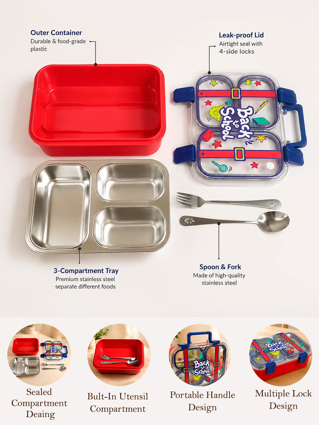 3-Compartment Kids Lunch Box | Stainless Steel | Leak-Proof | Fork & Spoon Included