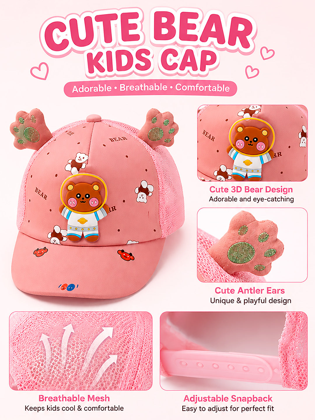 Pink 3D Space Bear Kids Cap | Bear Paw Ears | Adjustable Snapback | Girls 2–6 Years