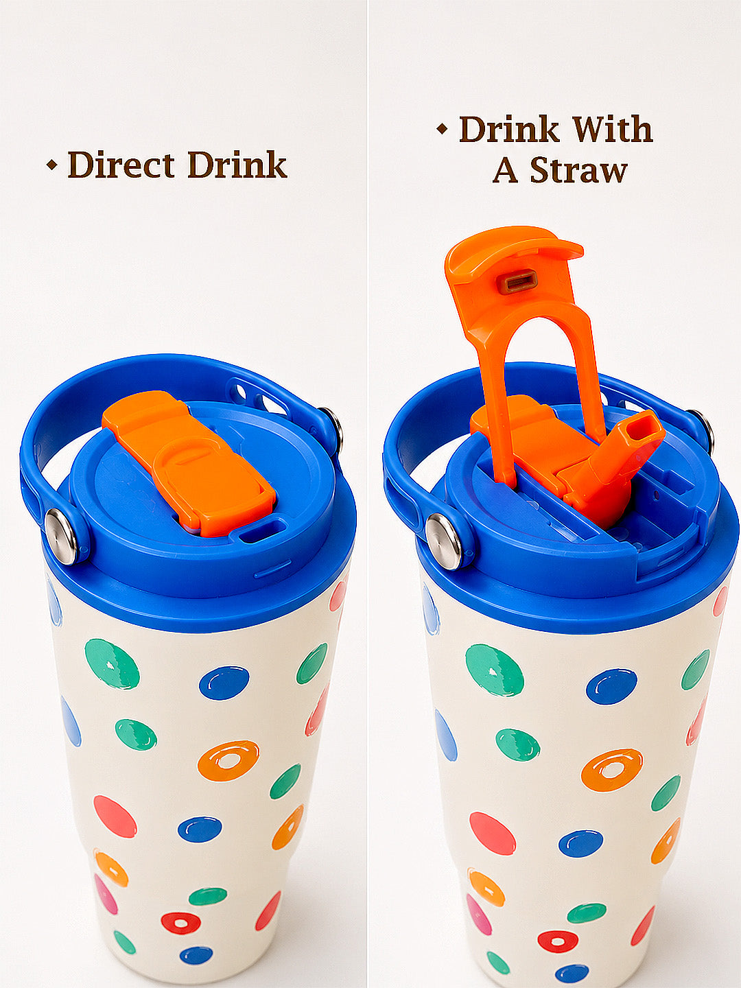 Colourful Polka Dot Stainless Steel Kids Tumbler | 2-in-1 Lid, Straw & Carry Handle