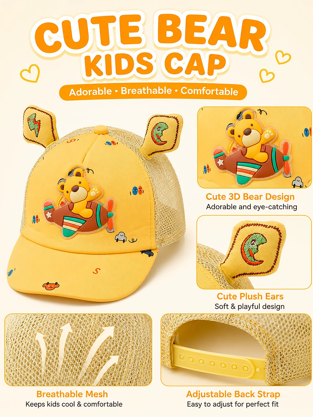 Yellow 3D Bear Kids Cap | Plush Ears & Mesh Back | Adjustable Fit | 2–6 Years