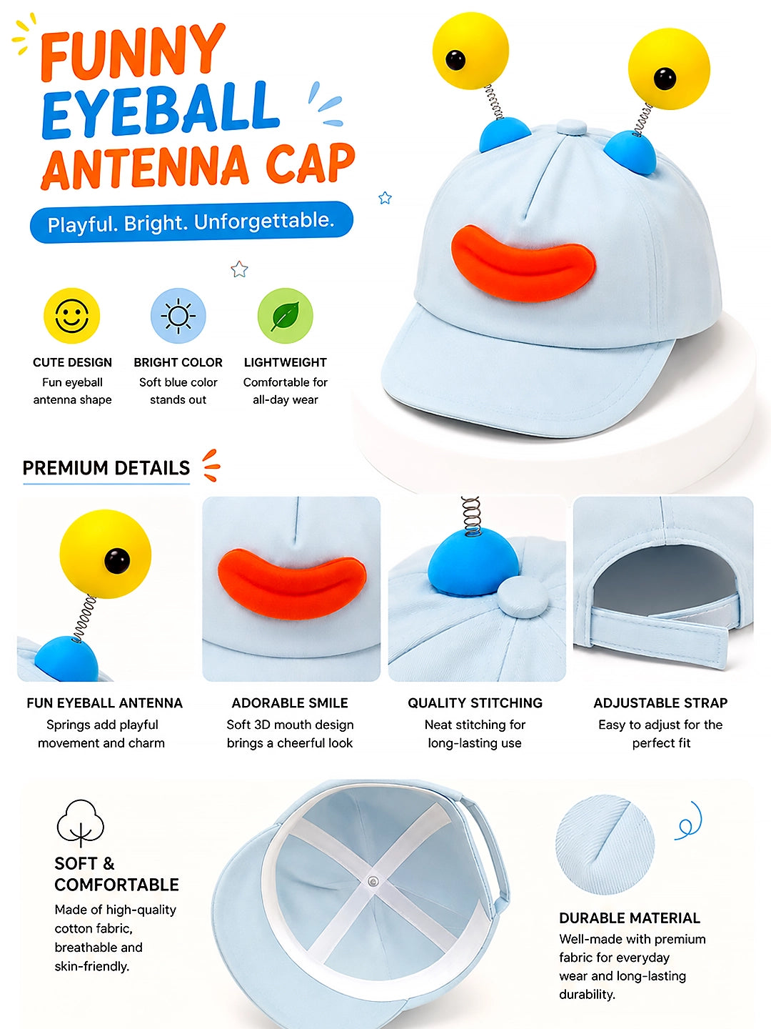 Blue 3D Funny Eyeball Antenna Baby Cap | Adjustable Strap | 2–6 Years