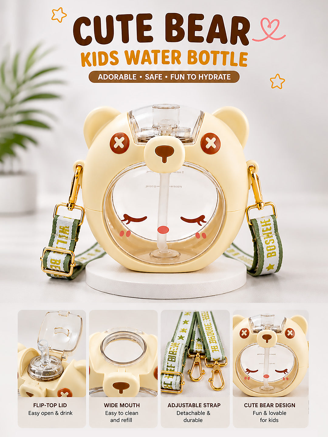 Cute Bear Kids Water Bottle — 630ml | Flip Lid, Straw & Crossbody Strap