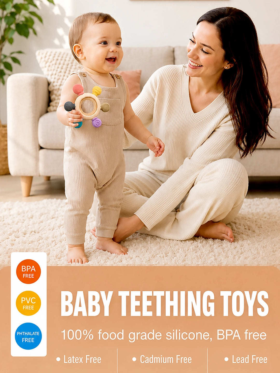 Multi-Texture Silicone & Wood Baby Teether Ring | BPA Free | 5 Sensory Beads