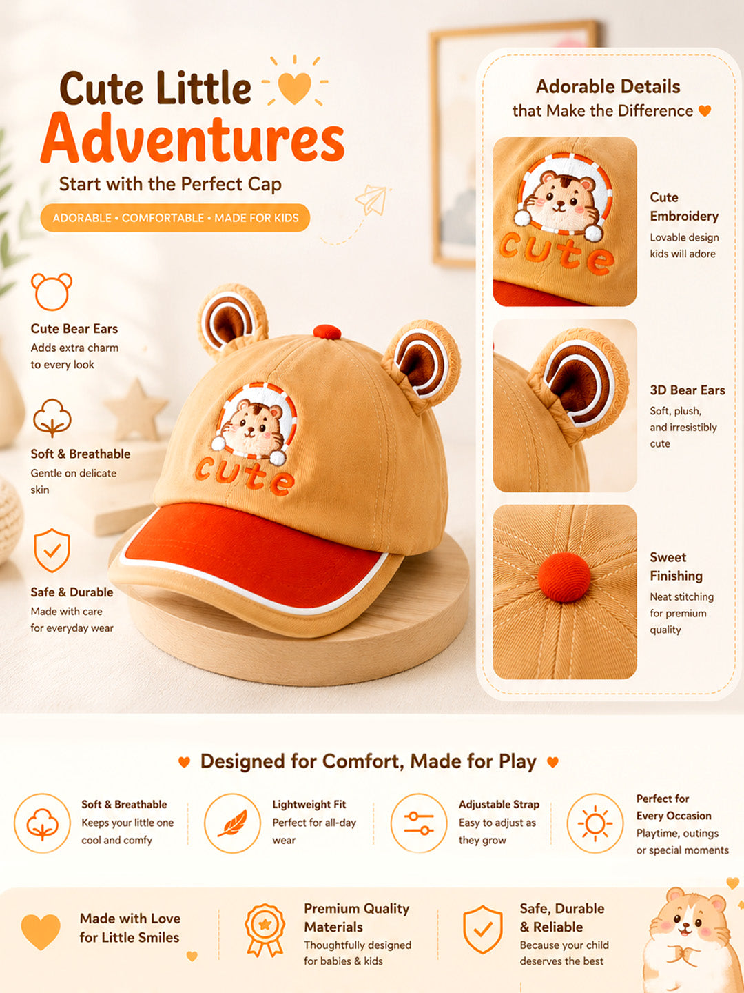 3D Bear Ears Baby Cap | Adjustable Strap | Toddlers 2–6 Years