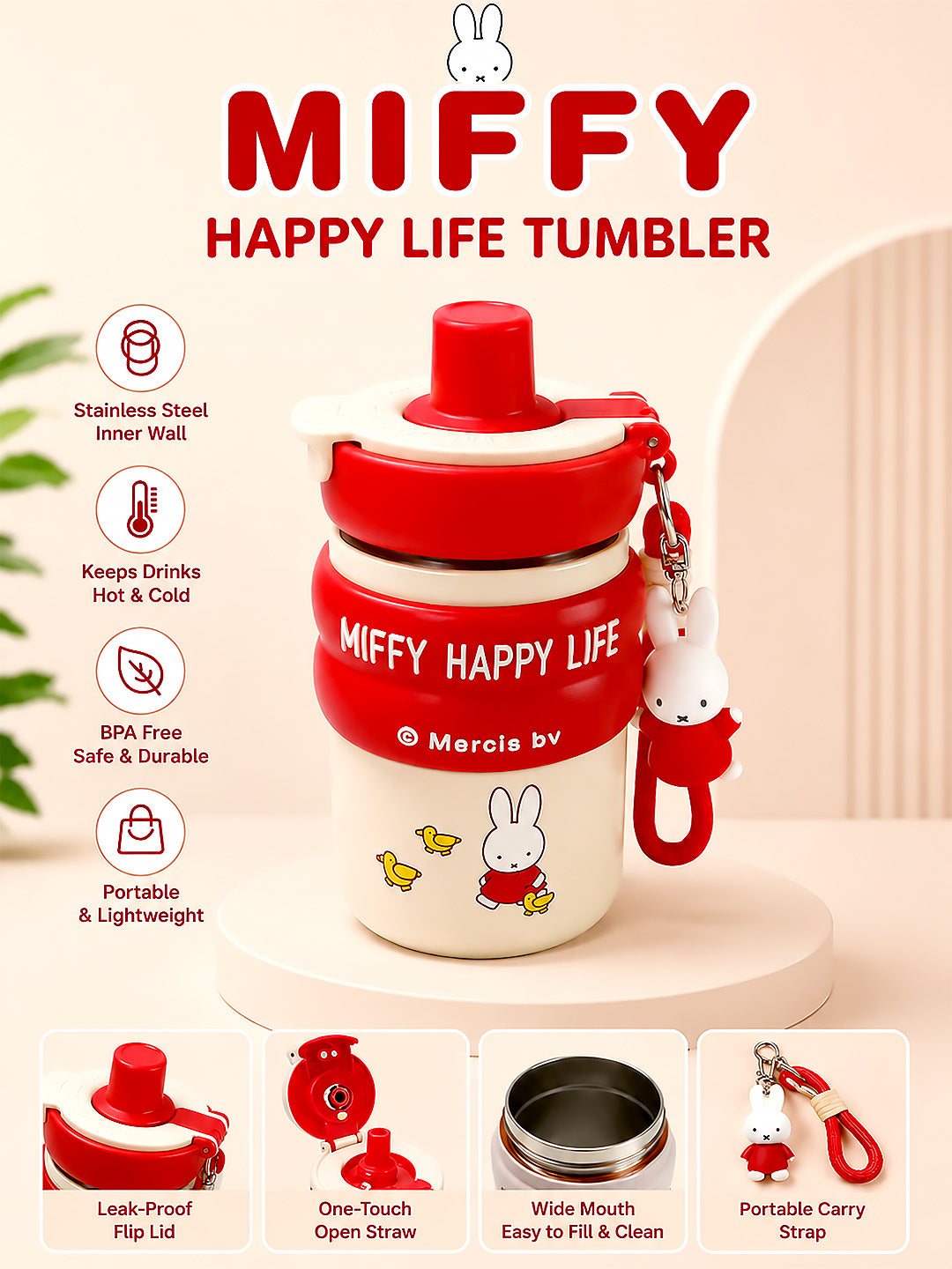 Miffy Happy Life Kids Stainless Steel Tumbler — 480ml | Dual Lid, Infuser & Miffy Charm