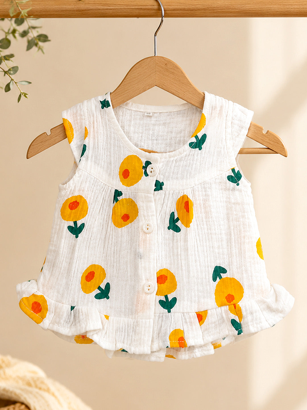 Sunny Flower Baby Girl Muslin Frock | Sleeveless Flutter Sleeve Dress with Ruffle Hem | Button Front