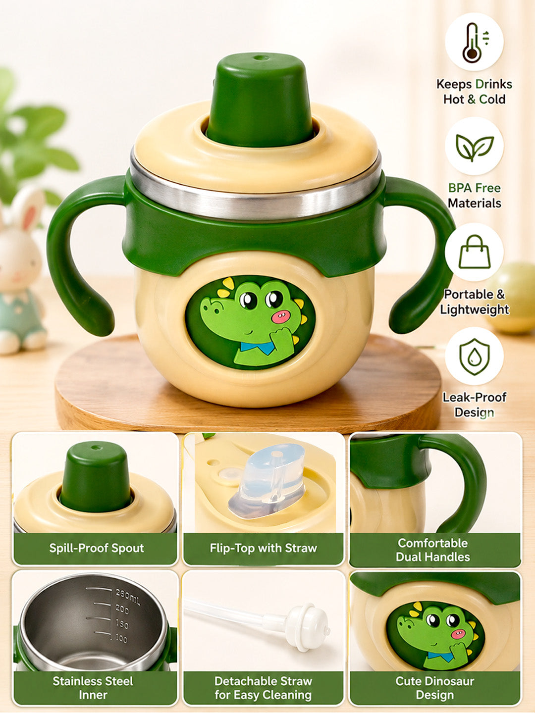 Dinosaur Stainless Steel Sipper Bottle for Babies & Toddlers — 250ml | Spill-Proof Spout & Dual Handles